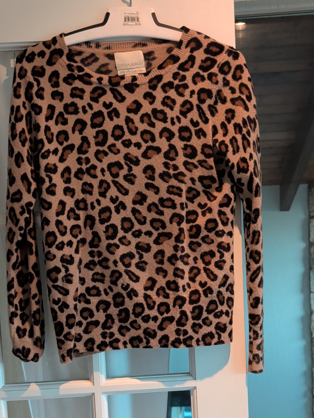 Cynthia Rowley Leopard-Print Crewneck Cashmere Sweater in Tan and Black